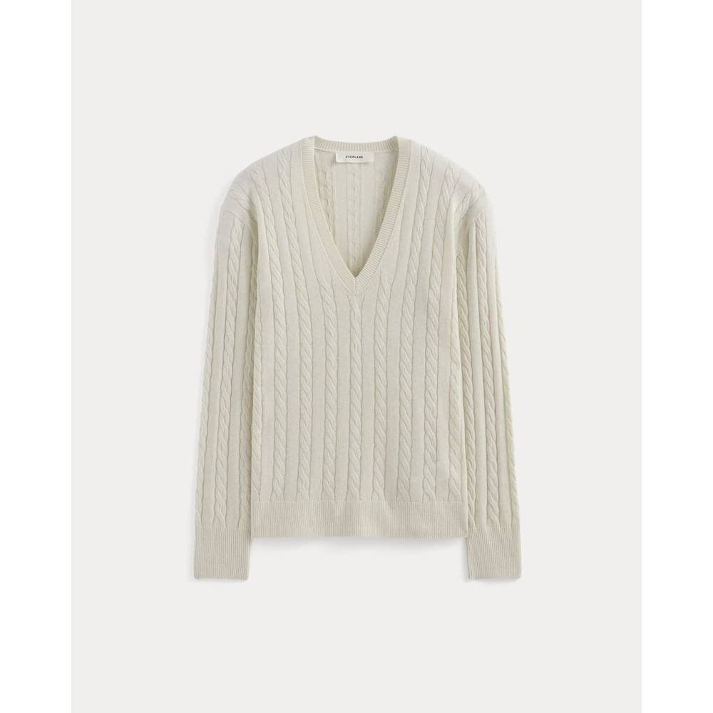 NWT Everlane Women's Cable V-Neck in Cotton Cashmere Sweater in Birch, Small